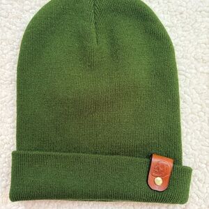 Green Knit Beanie with Leather SKULL Accent